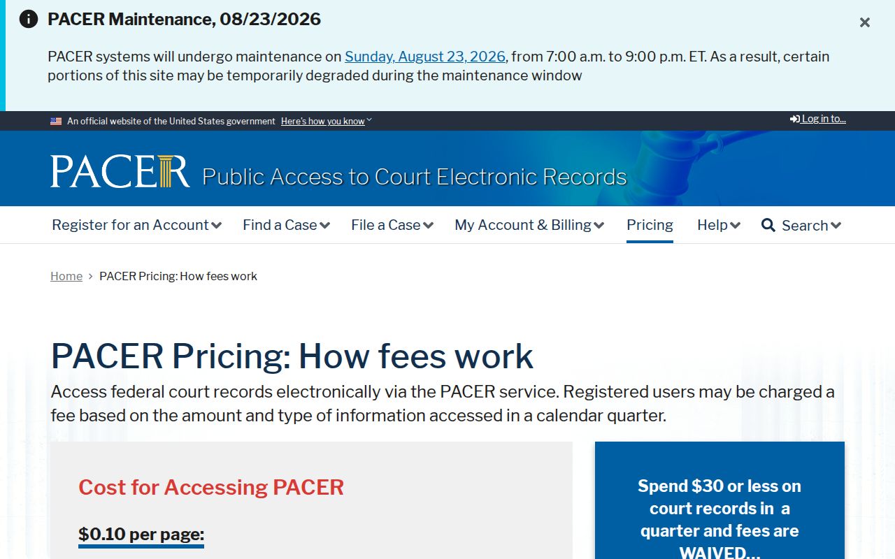 Scotland court docket PACER fee source