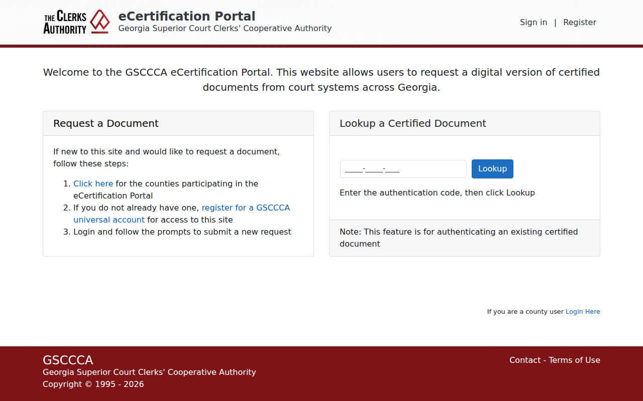 GSCCCA eCertification document request page used for Wheeler records