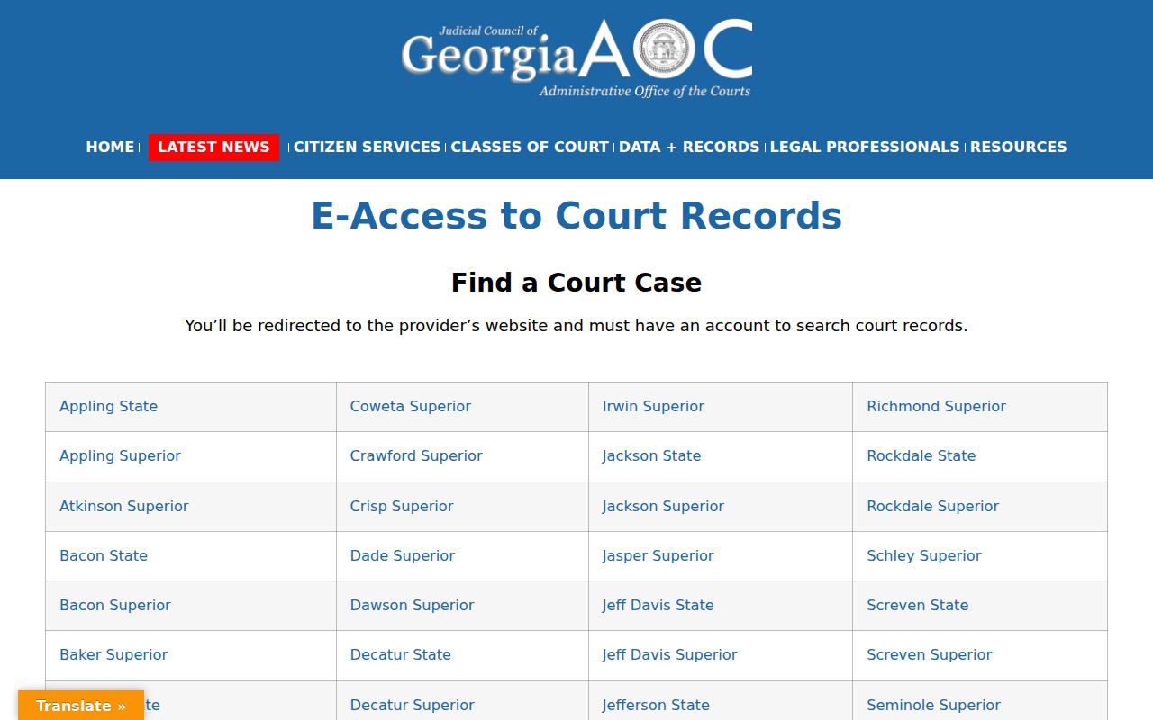 Georgia Courts E-Access directory used for Wheeler County records